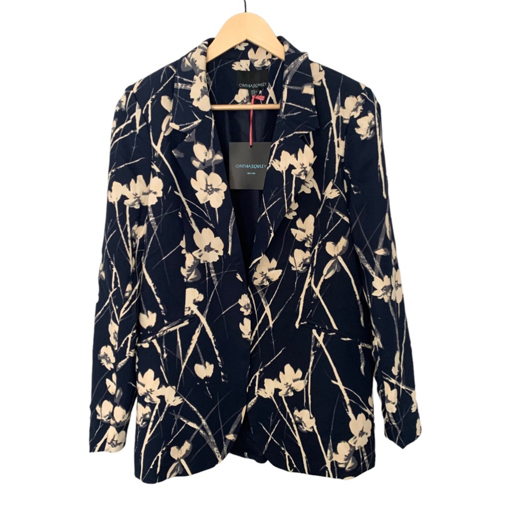 Cynthia Rowley Women's Floral Blazer Jacket Navy Blue Size M Long Sleeve Office